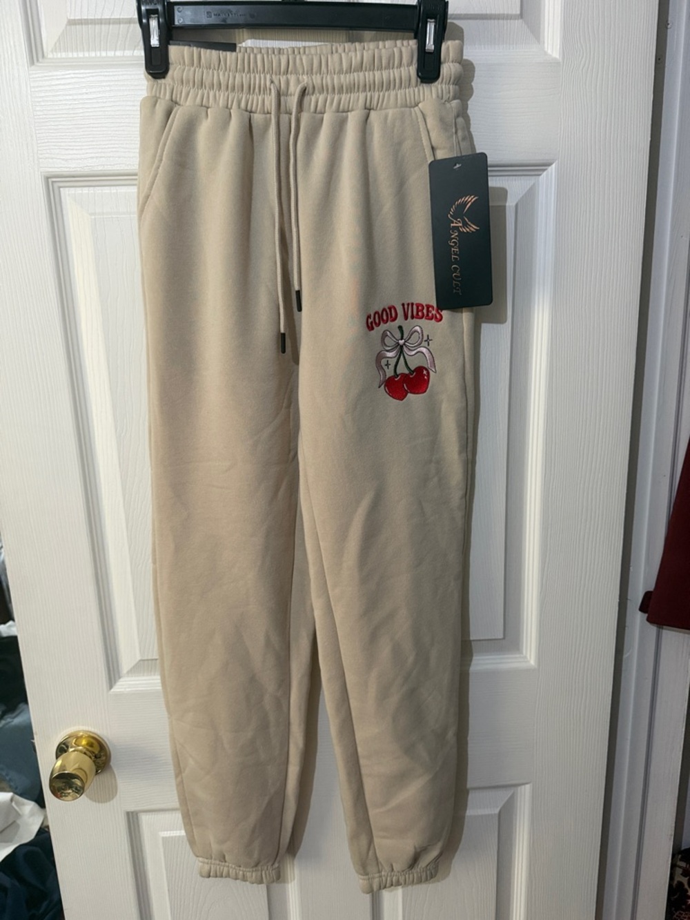 Beige 'Good Vibes' Cherry Embroidered Sweatpants